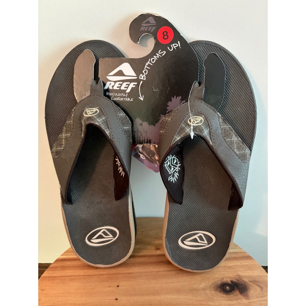 Men's Size 8 Reef 2415 Fanning Brown Plaid Flip Flops Bottle Opener New NWT